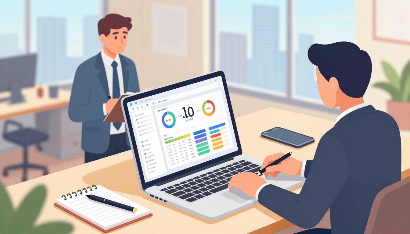 Two businesspeople in an office setting. One sits at a desk working on a laptop with data displayed. The other stands nearby.