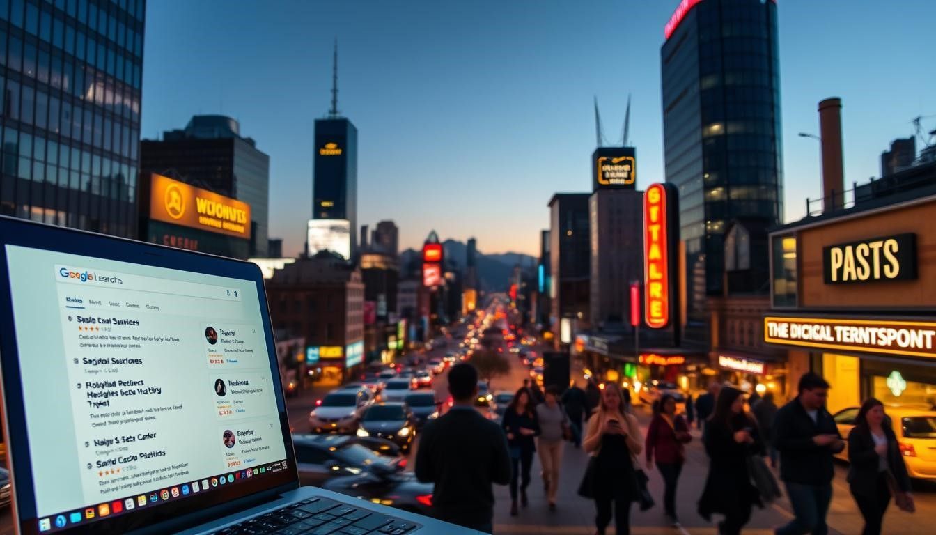 Laptop displaying a Google interface in front of a busy city street with traffic and pedestrians at dusk.