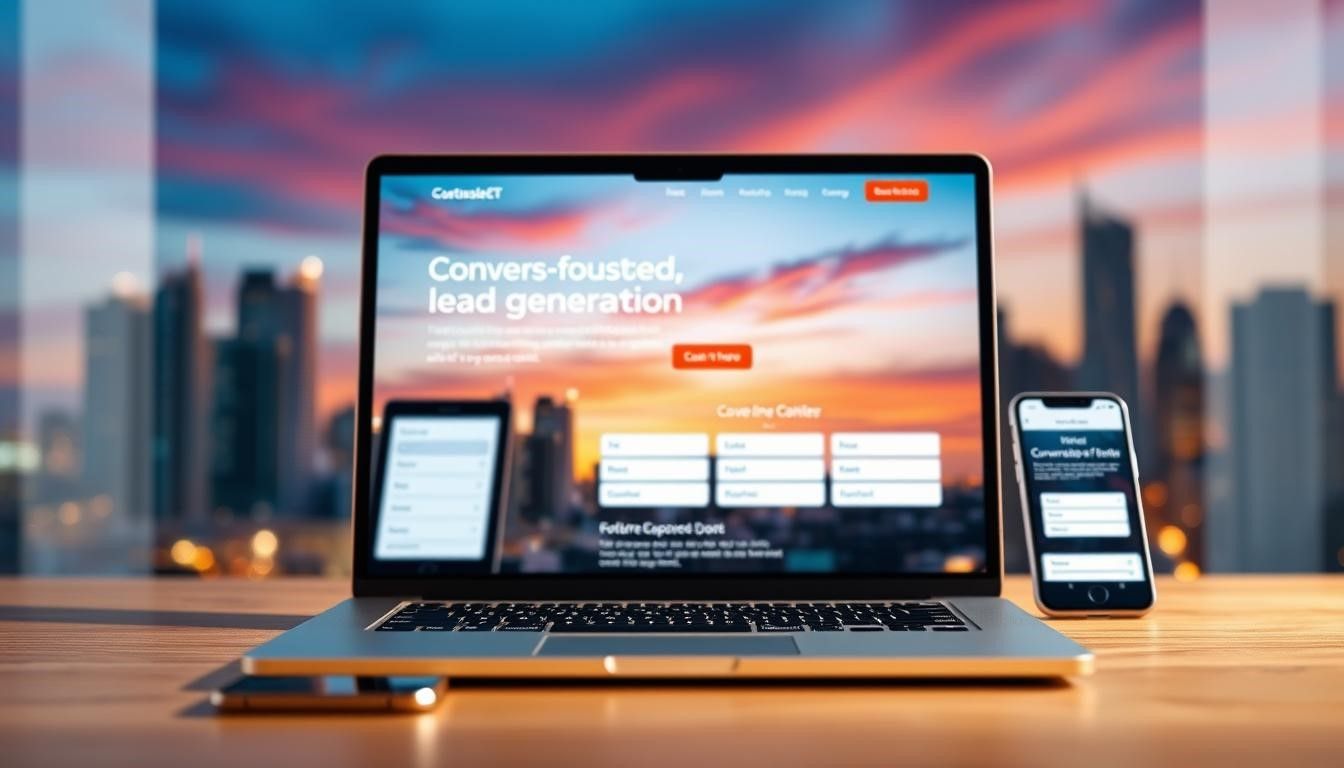 Laptop and two phones displaying a website, with city skyline background.