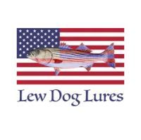 Striped bass over American flag, Lew Dog Lures logo.