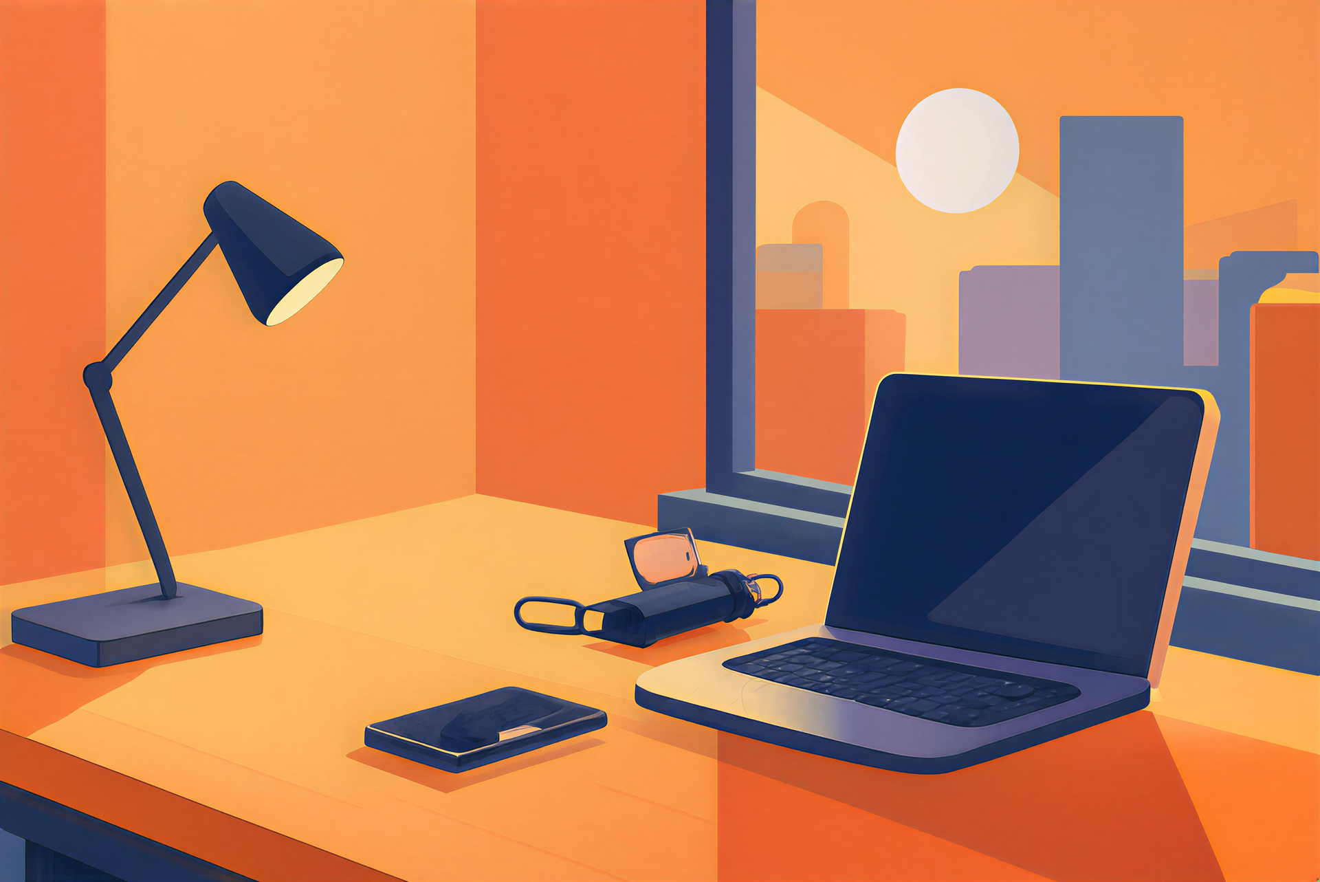 Desk with laptop, phone, lamp, and mask by window with city view at sunset.