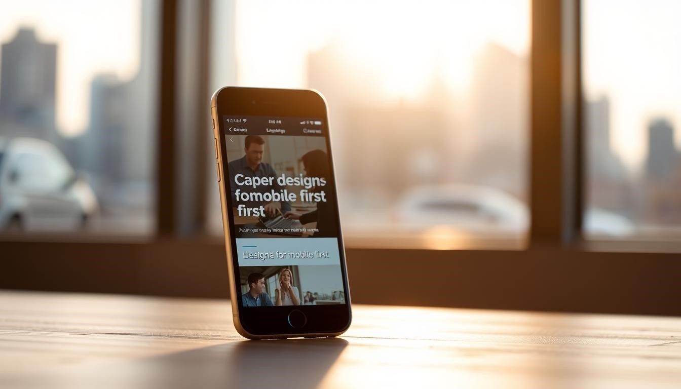 Smartphone displaying a webpage on a table, with a blurred cityscape background.