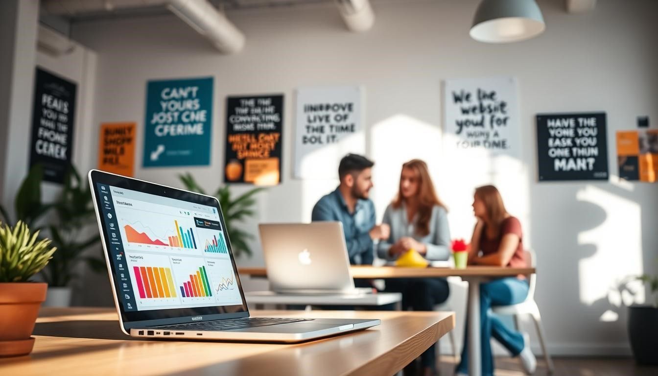 Laptop displaying charts on a desk; three people in background discussing; modern office setting.