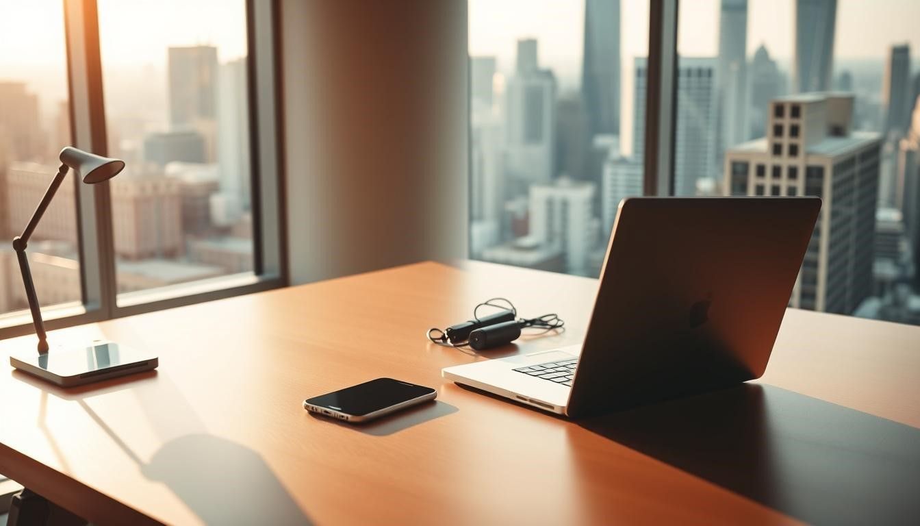 Laptop, phone, and keys on a desk in an office with a city view.