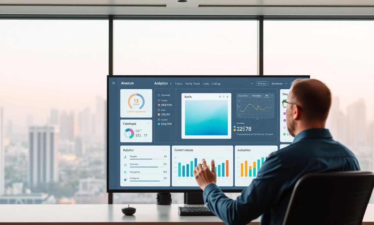 Man at desk, viewing data visualizations on a large monitor, in front of a city view.