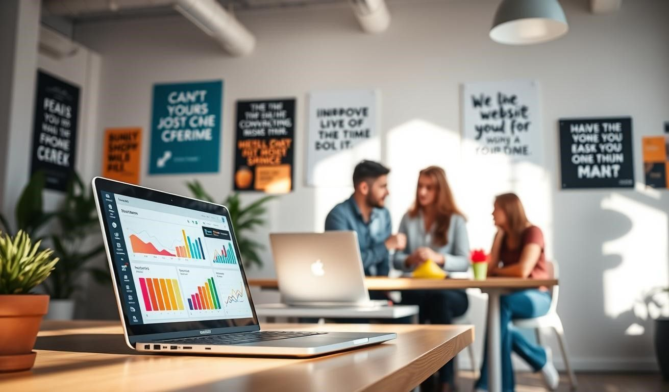 Laptop displaying data charts on desk; three people in background at table, discussing. Bright office setting.