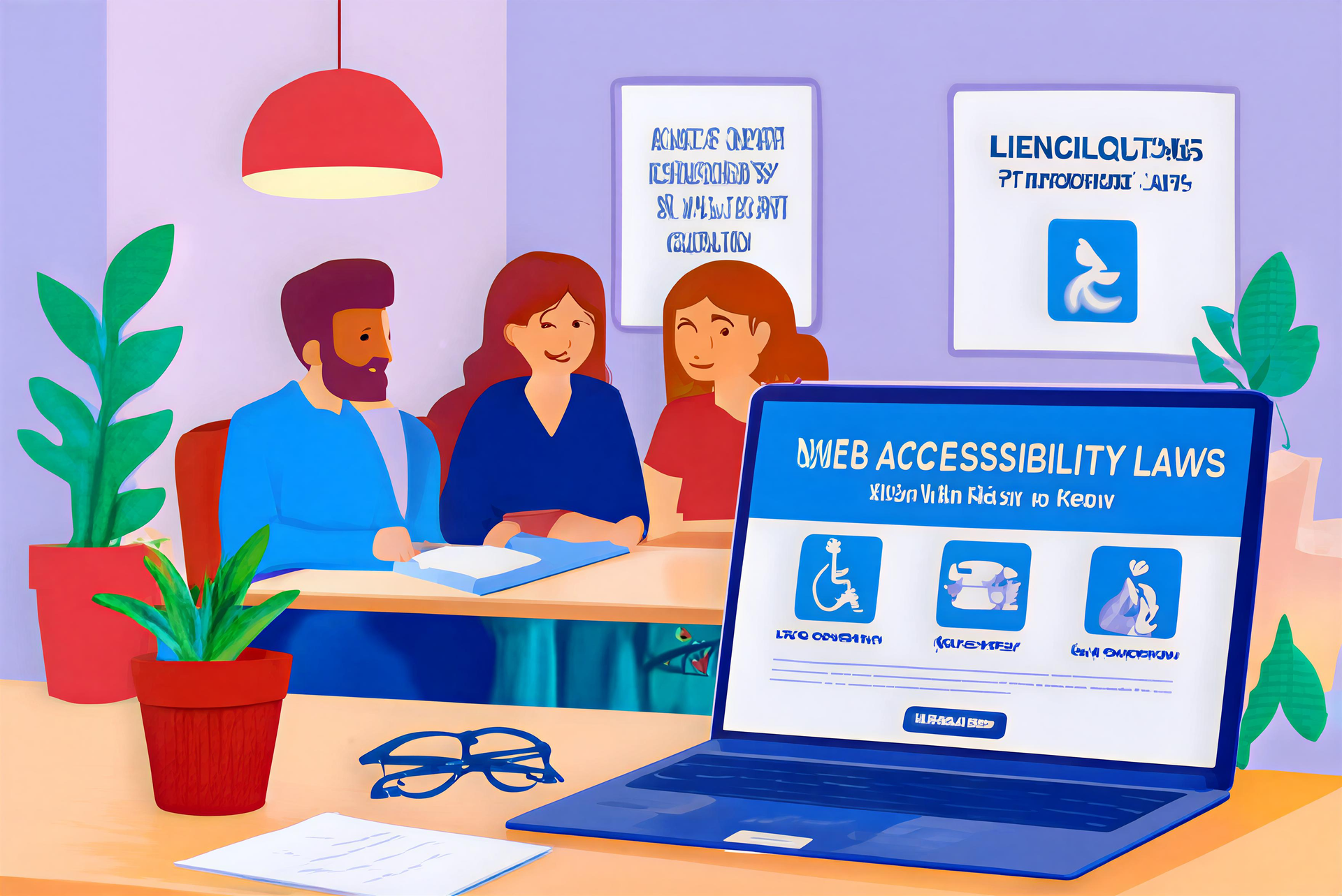 Meeting about web accessibility laws; laptop shows related icons, people at table.