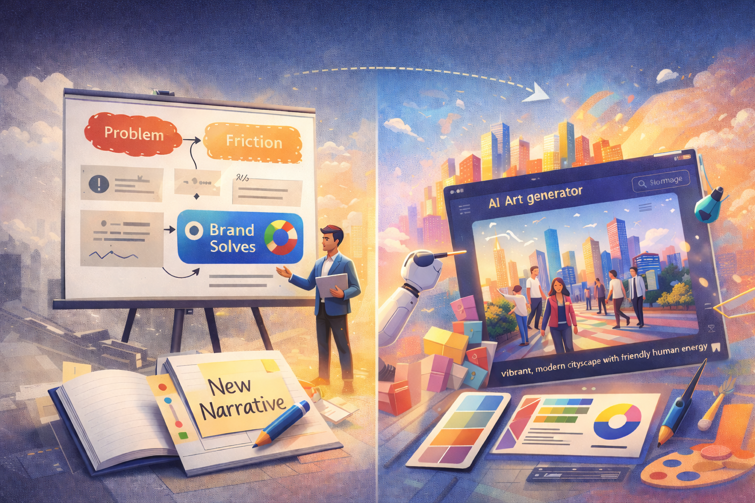 Two scenes: a presentation on brand solutions and a digital design with a cityscape, palettes, and tools.