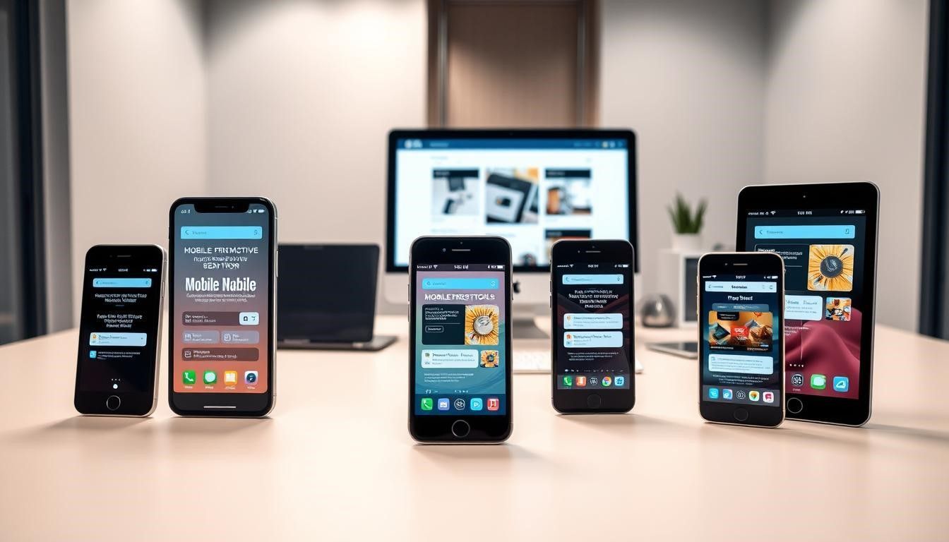 Multiple smartphones and a tablet displaying app interfaces on a desk, with a computer in the background.