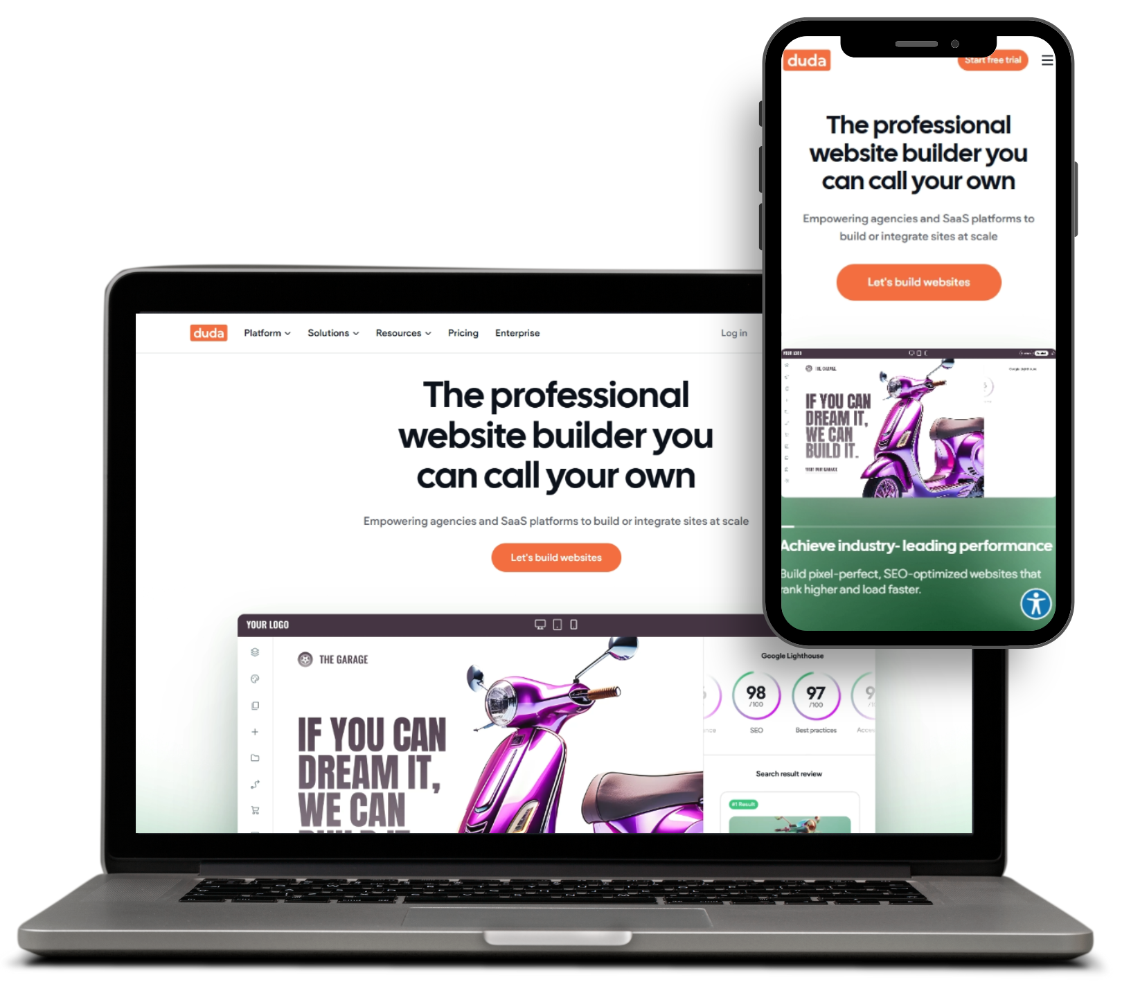 A laptop and a cell phone are displaying a website builder you can call your own.