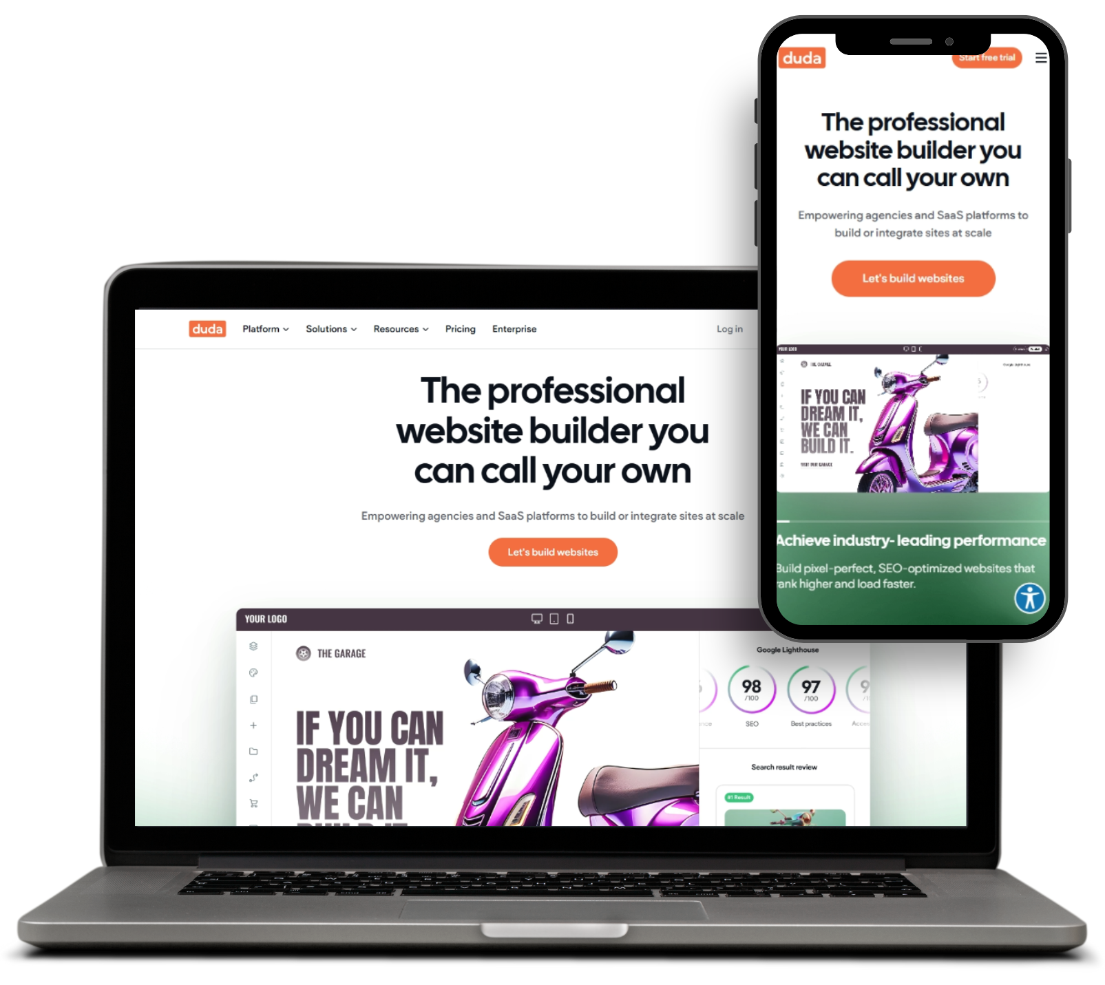 A laptop and a cell phone are displaying a website builder you can call your own.