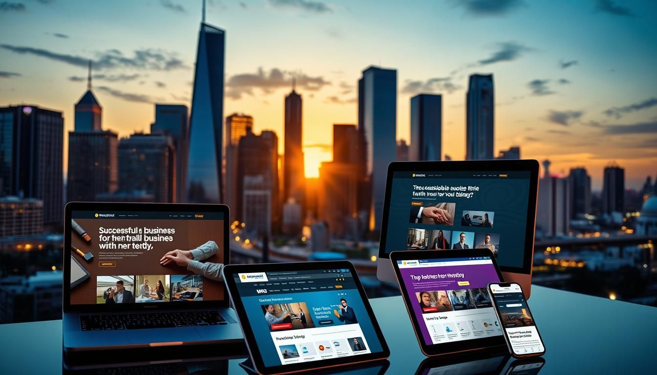Devices displaying a website against a city skyline at sunset. Laptop, tablets, and phone show the same website.
