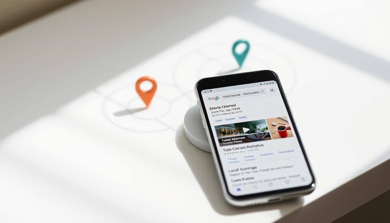 Smartphone on a white surface, showing an app with location pins overlaid.