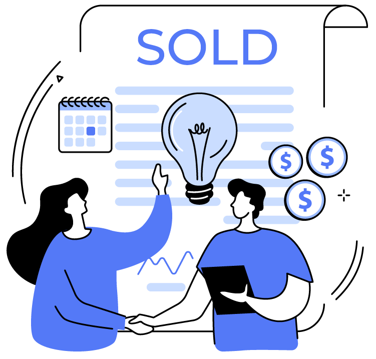 A man and a woman are shaking hands in front of a sold sign.