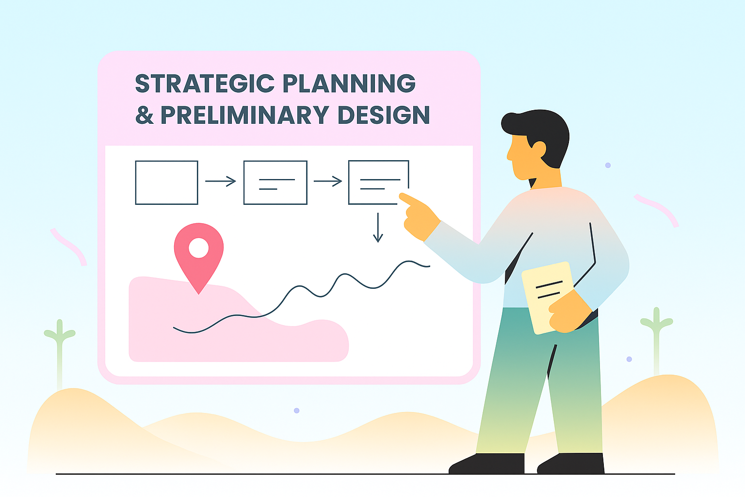Man pointing to a flowchart labeled