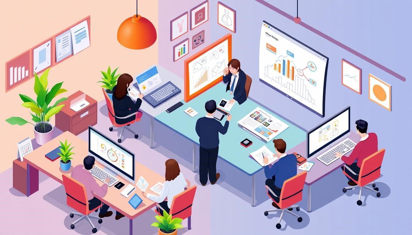 Office meeting: People at desks and conference table with computer screens displaying graphs and data.