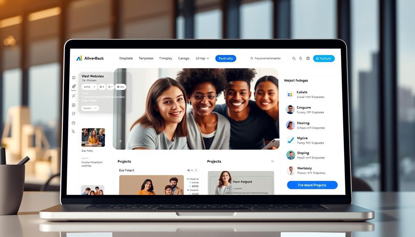Laptop displaying a social media platform with a photo of four smiling young people.