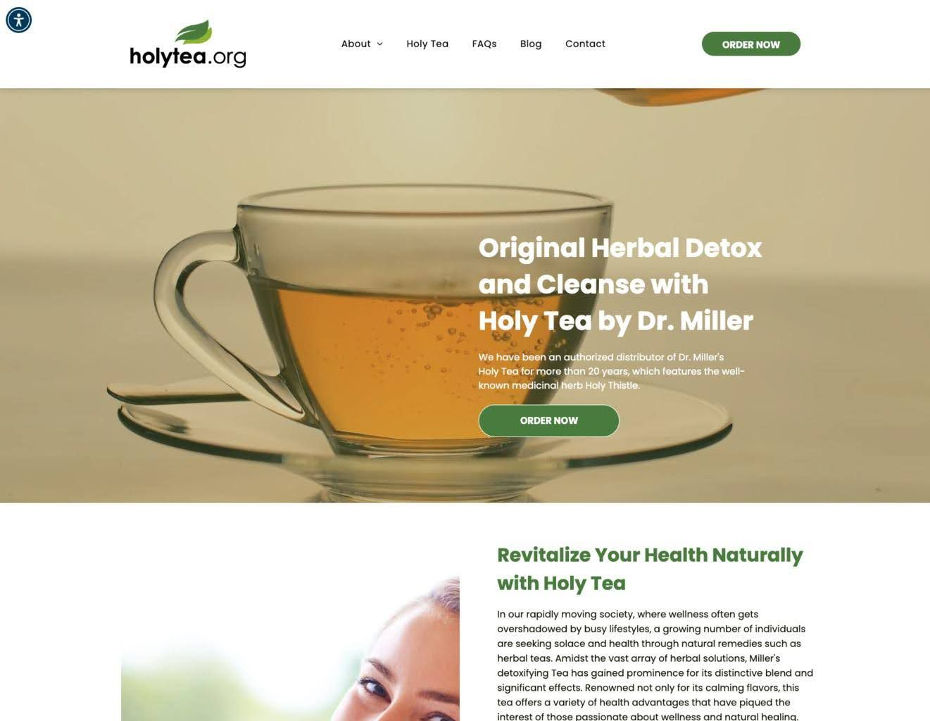 Website homepage: glass cup of tea, with text