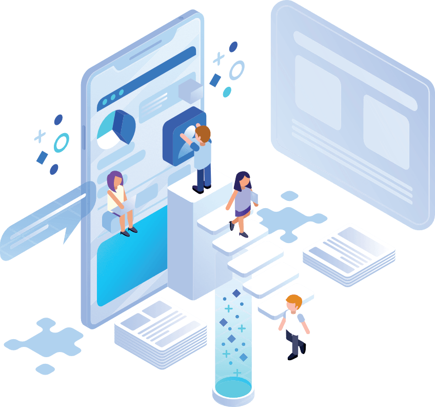an isometric illustration of people working on a phone