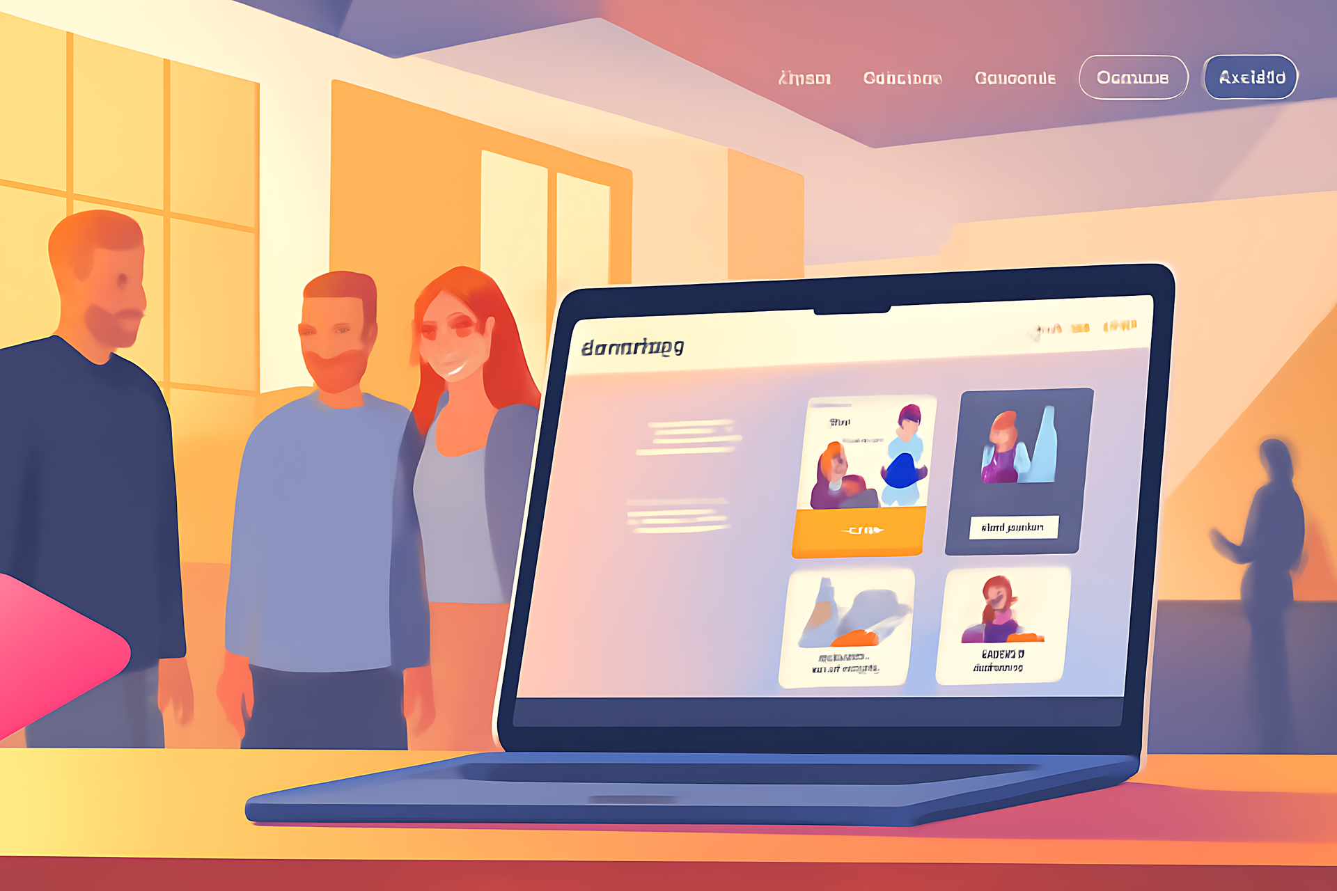 Laptop displaying a website with icons, three people standing nearby in an office setting.