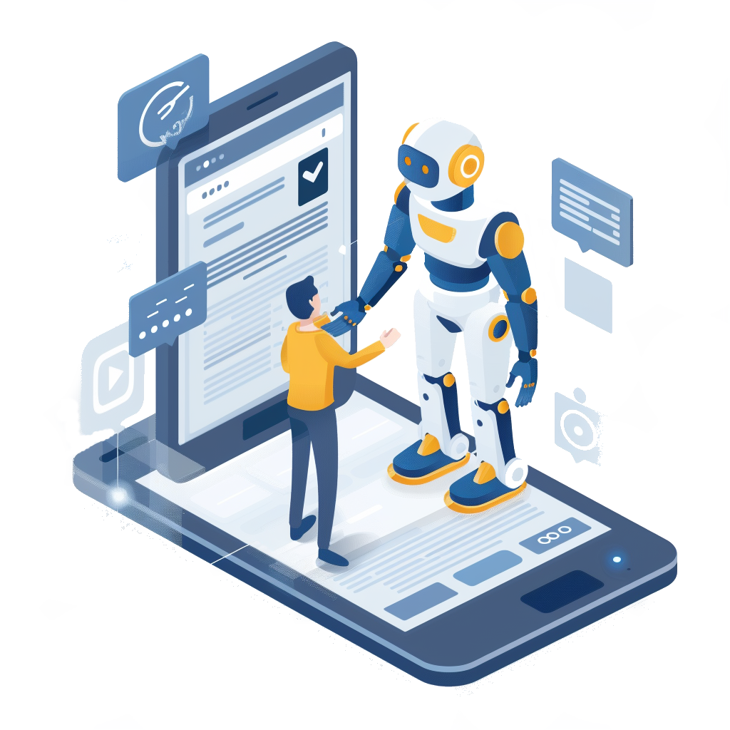 Man and robot shaking hands near a smartphone, discussing app details.
