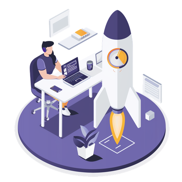isometric illustration of rocket launching to illustrate speed of website