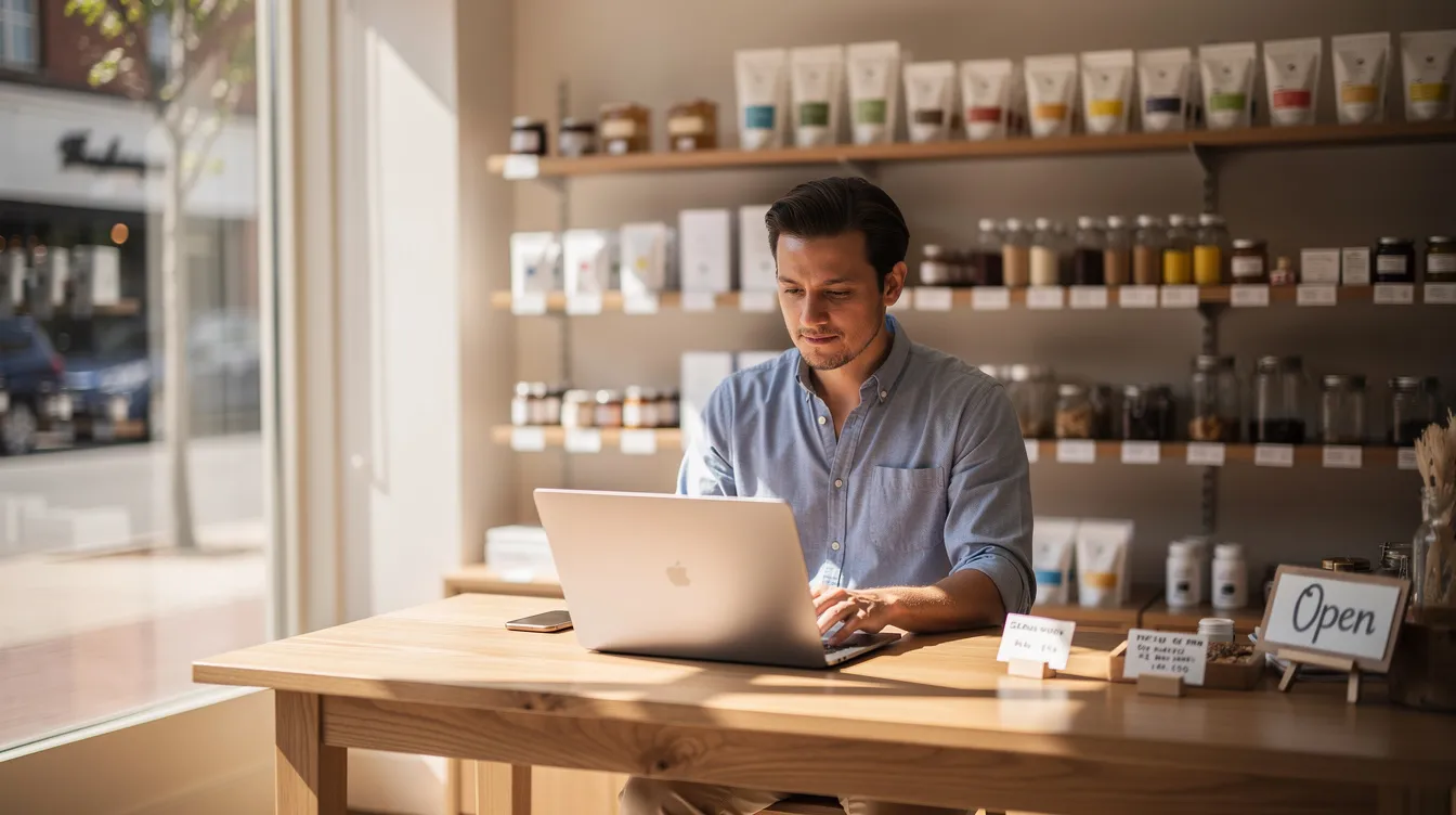 A small business owner is focused on working with a laptop in a bright shop interior, creating their own website to enhance their business online. The well-designed space suggests a blend of creativity and professionalism, ideal for developing a small business website that attracts potential customers.