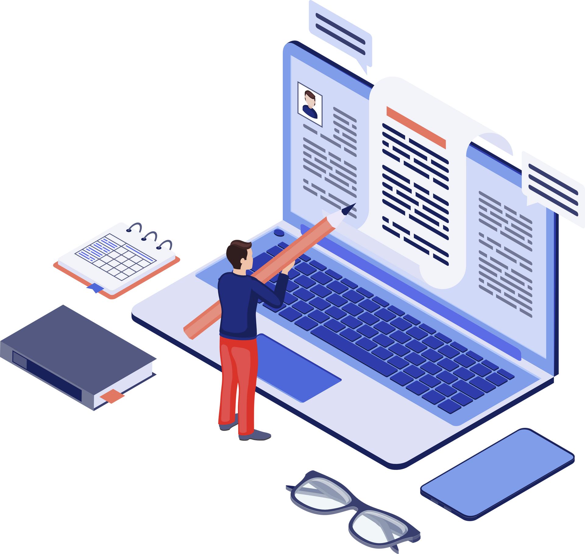 Person edits a document on a laptop with a large pencil. A notebook, glasses, and phone lie nearby.