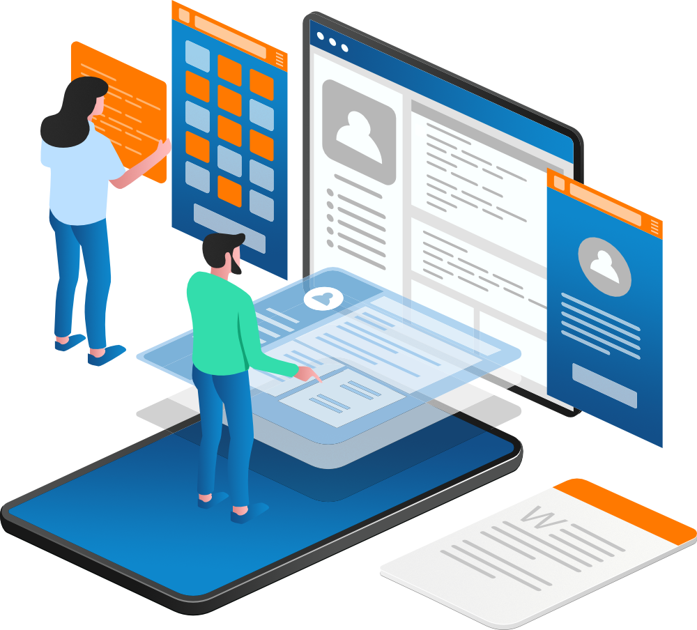 Two people interacting with digital interfaces on a phone: data entry and profile creation, orange and blue hues.