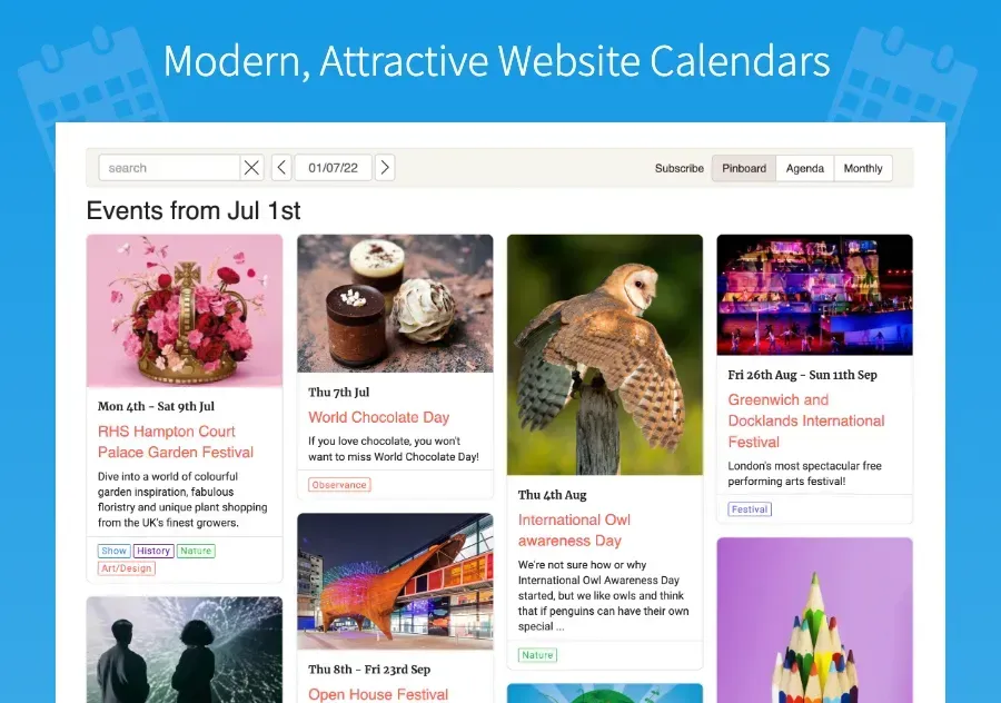 A screenshot of a modern , attractive website calendar.