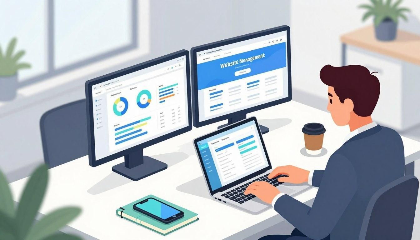 Man working at a desk with two monitors and a laptop, analyzing data and managing tasks.