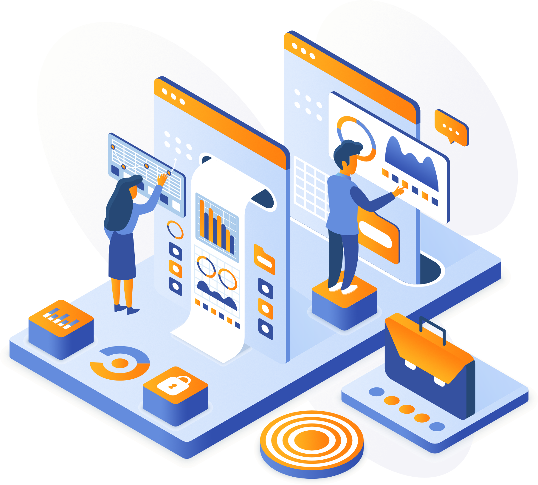 Isometric illustration of two people analyzing data on computer screens and documents.