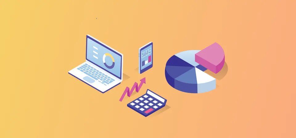 an isometric illustration of a laptop , cell phone , calculator and pie chart .