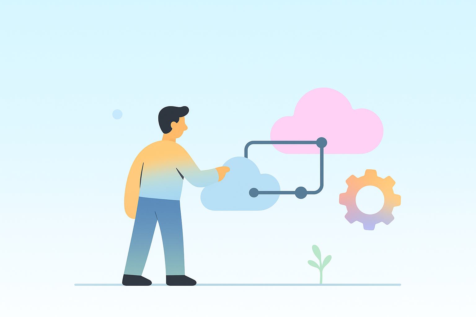 Man interacting with cloud computing icons.