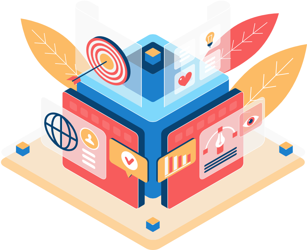 Isometric illustration of a data cube with targets, charts, and global icons, in orange, blue, and pink.