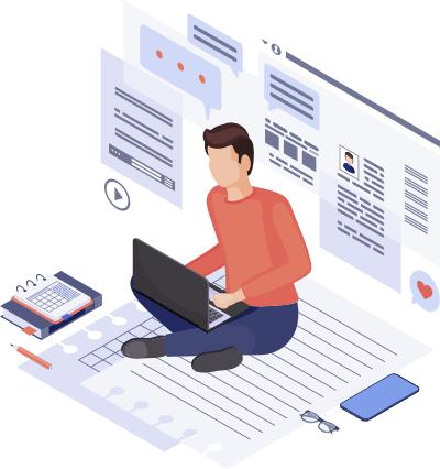 Website Management Services illustration of person working on laptop