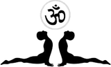 Une silhouette de deux personnes faisant du yoga avec un symbole om en arrière-plan.