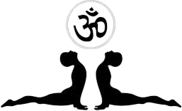 Une silhouette de deux personnes faisant du yoga avec un symbole om en arrière-plan.