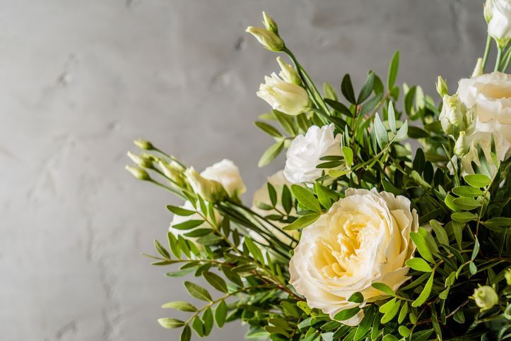 a bouquet of white roses with green leaves on a gray background .