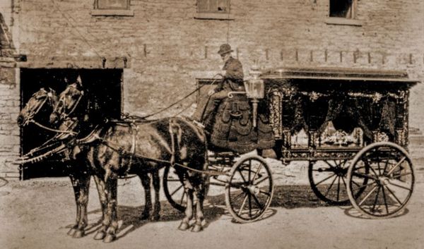 a hearse drawn by two horses with a driver holding the reins