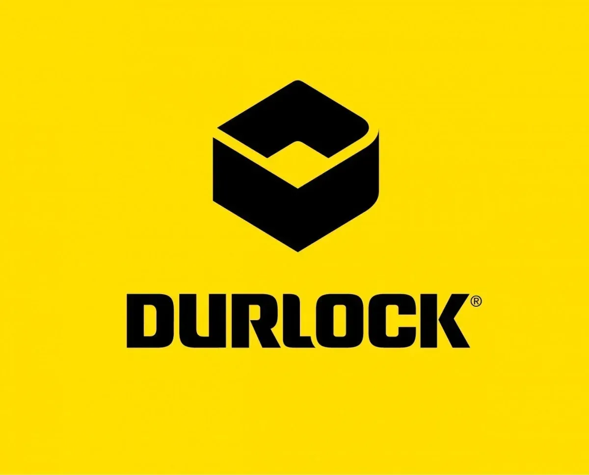 Un logotipo negro y amarillo para durlock sobre un fondo amarillo.