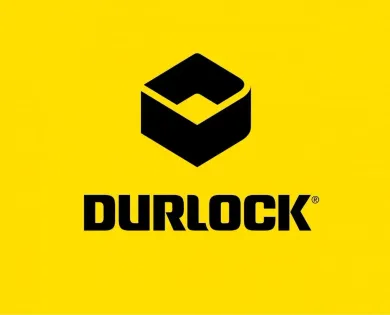 Un logotipo negro y amarillo para durlock sobre un fondo amarillo.