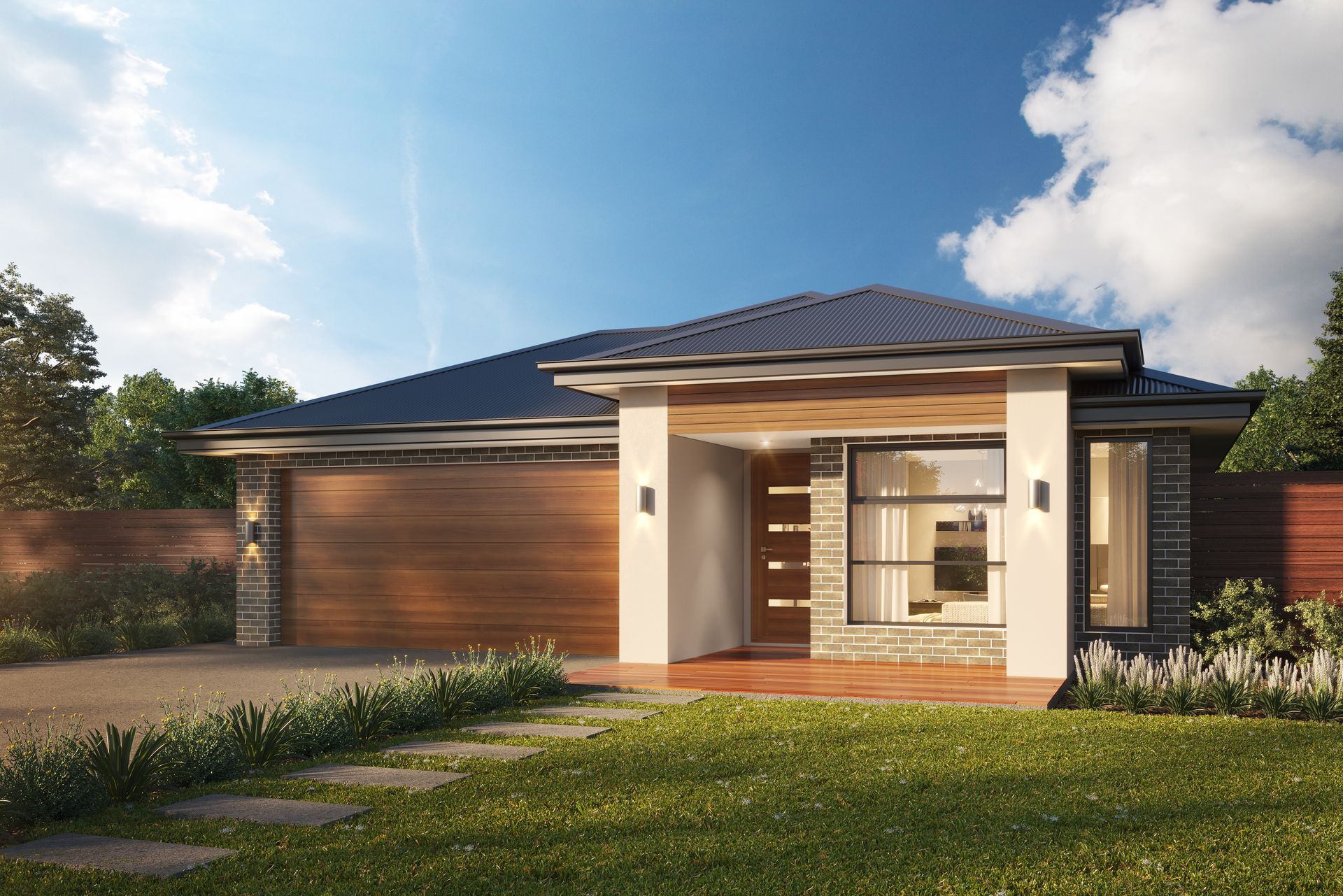 A Modern House With a Wooden Garage Door — Kareela Constructions In Hillvue, NSW
