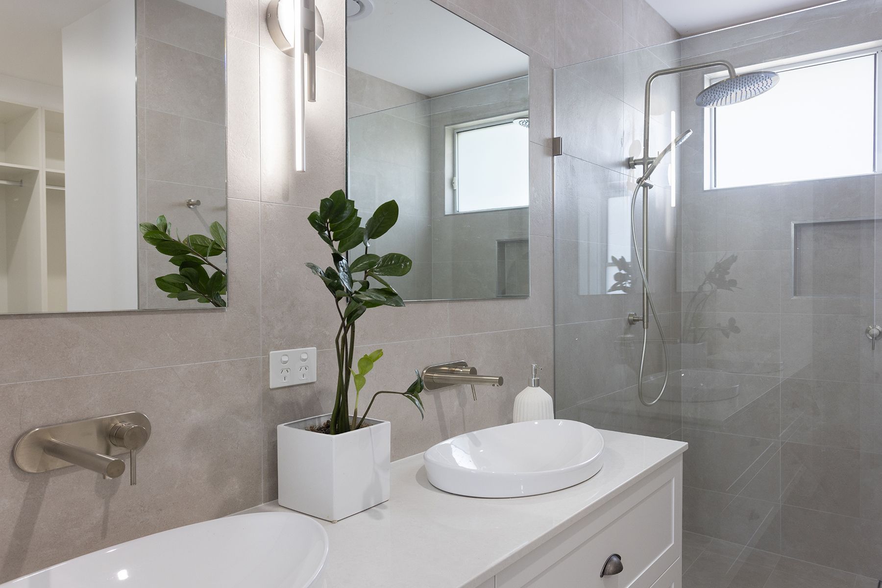 Modern Grey Designer Bathroom With Herringbone Shower Tiling — Kareela Constructions In Tamworth, NSW