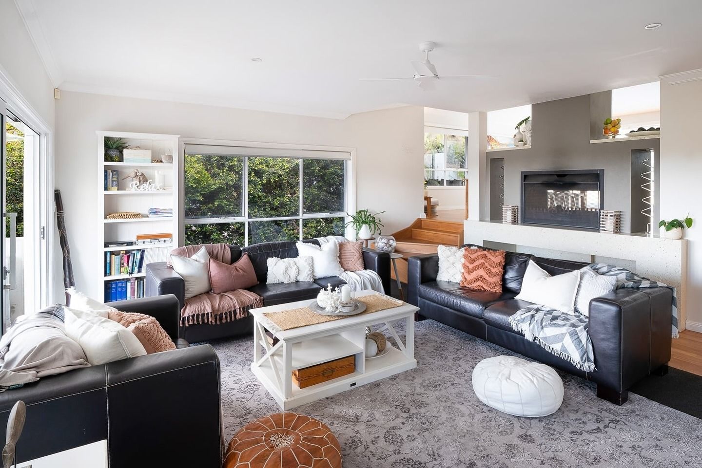 Stylish Living Room With Dark Leather Sofas
