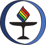 A chalice logo with a black base, and a rainbow flame with red starting at the top. There is an ombré blue circle around the chalice.