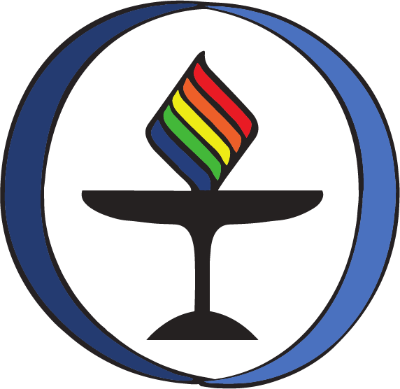 A chalice logo with a black base, and a rainbow flame with red starting at the top. There is an ombré blue circle around the chalice.