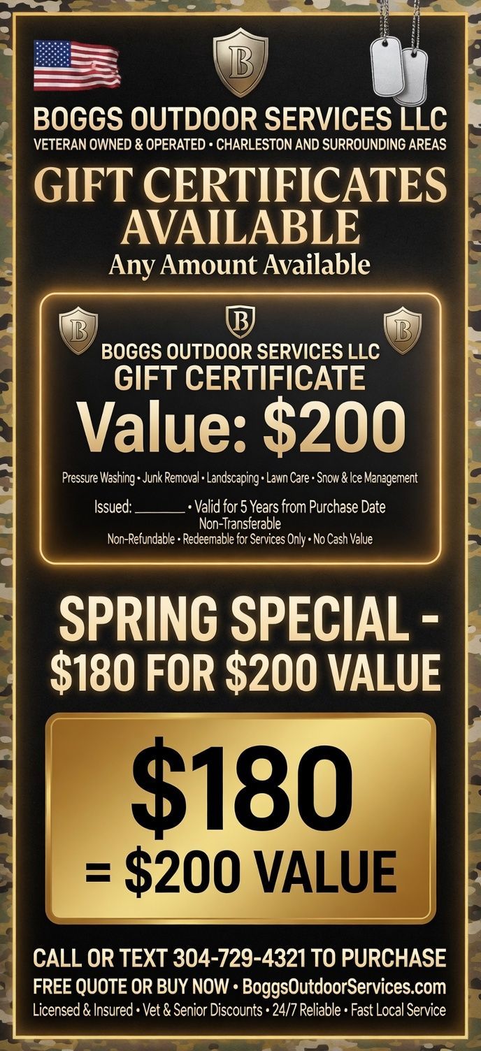 Brown promo sign for Dog’s Outdoor Services advertising gift certificates and spring special: $180 for $200 value.