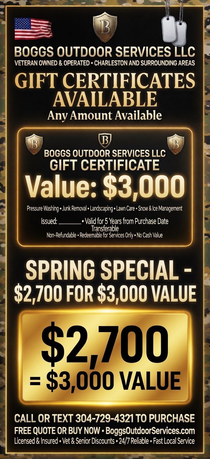 Bogo Outdoor Services promo poster: gift certificates, spring special, $2,700 for $3,000 value.
