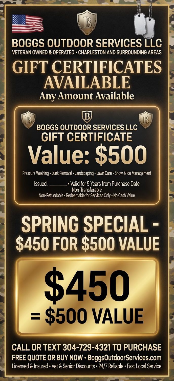 Gold and black ad for Boggs Outdoor Services gift certificates: spring special, $450 for $500 value.